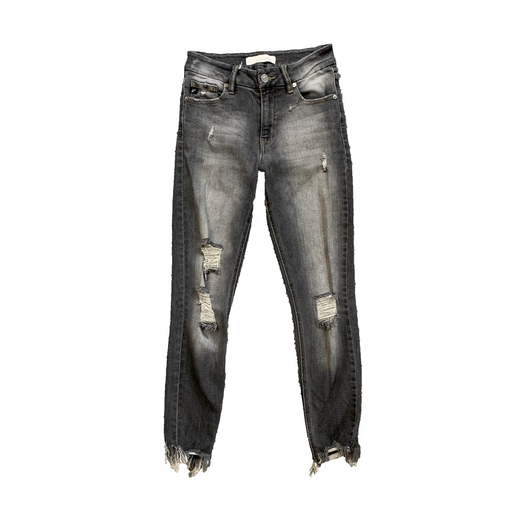 KanCan Jeans Women 5/26 Gray Denim High Rise Distressed Skinny Frayed Chewed Hem